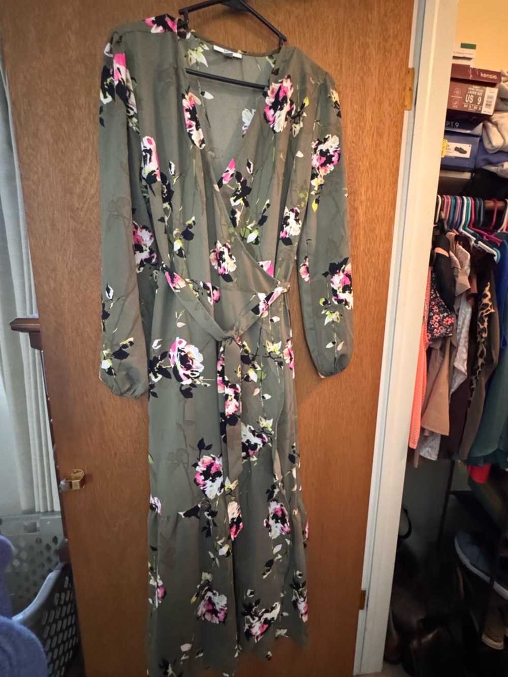 Bar III Olive Green Floral Wrap Maxi Dress with Pink and White Flowers